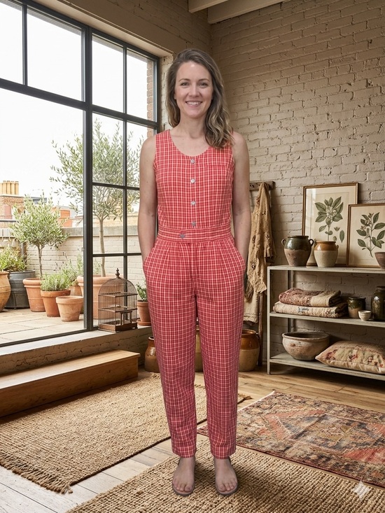 lizwear Pants - LizWear Ruby Gingham Seersucker Plaid Sleeveless Jumpsuit Vintage Circa 1980's 4